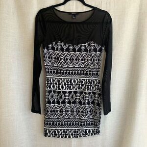 Forever21 Juniors Large Black Mini‎ Dress Sheer Long Sleeve Geometric Pattern